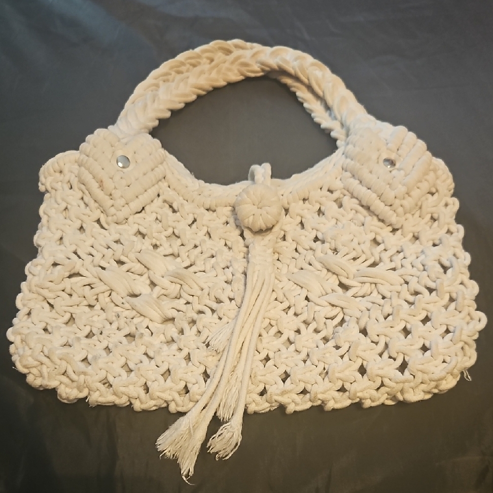White Crochet Braided Folksy BoHo shoulder or Clutch Style 12x8in